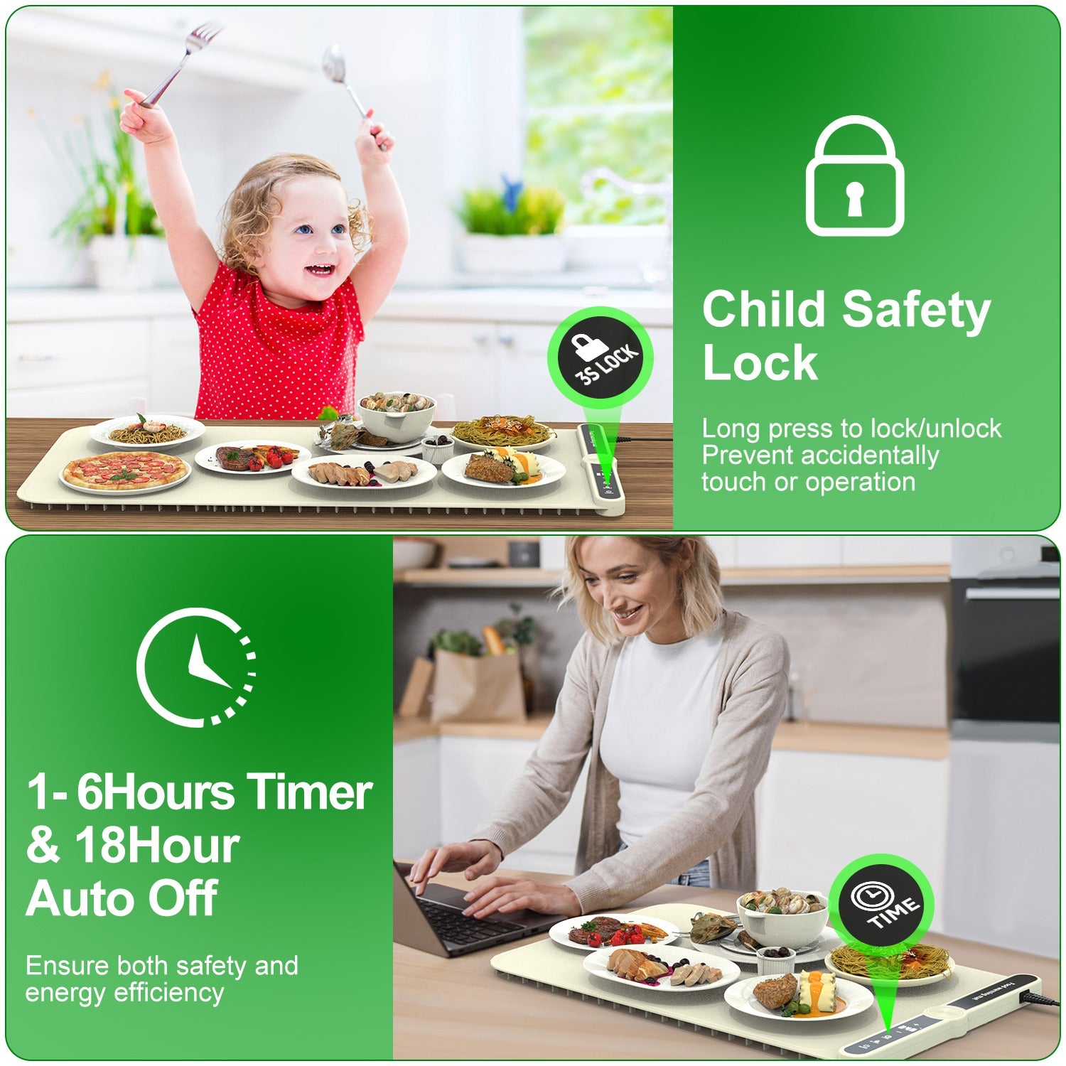 2 Size Optional Silicone Food Warming Mat With 9 Temperature Levels 6Hrs Timer Child Lock Auto Shut Off Roll-Up Electric Warming Tray For Party Buffet Gathering Daily Use 8S Fast And Even Heating